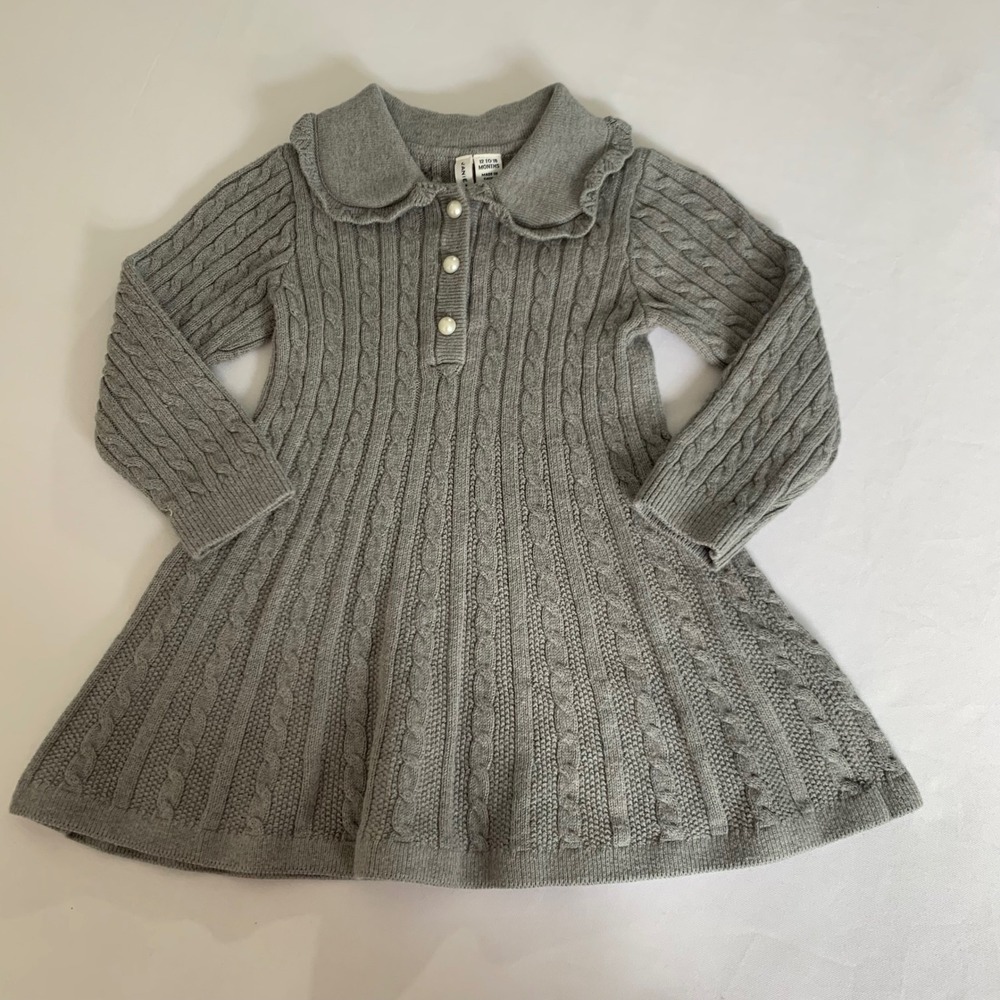 Janie and Jack Sweater Dress 12-18 Month Grey Cable Knit Pearl Collared Coquette